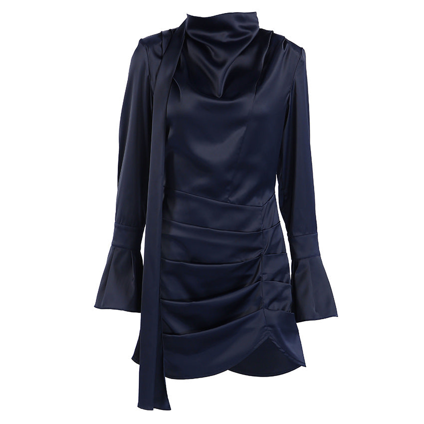 Irregular Asymmetric Navy Blue Long-Sleeved Dress