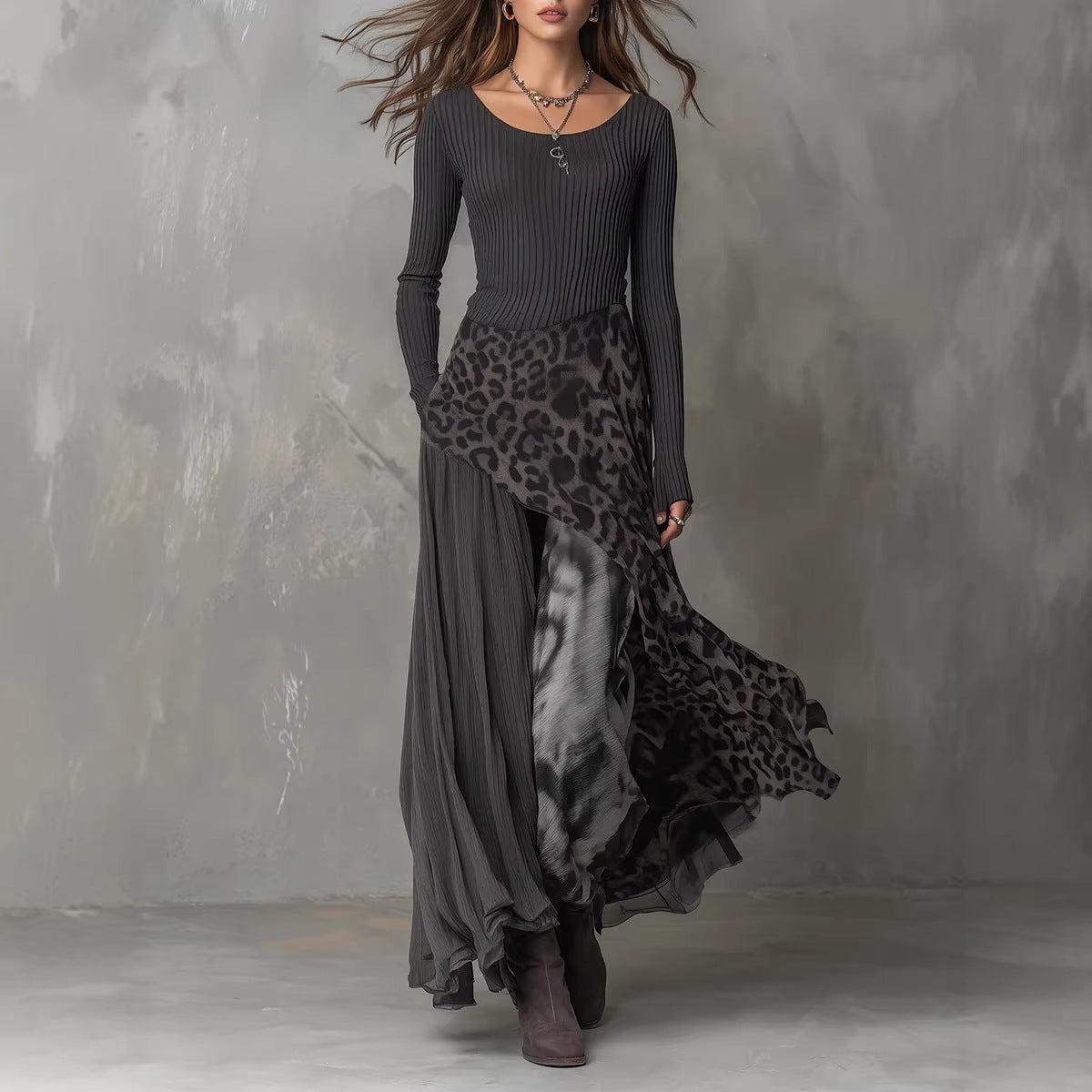 Leopard Print Elastic Waist Large Swing Casual Dress