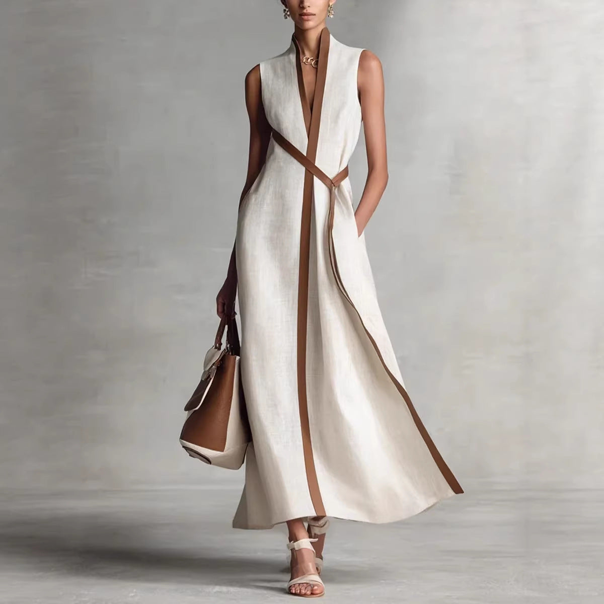 Contrast Color Sleeveless Stand Collar Cotton Linen Jumpsuit