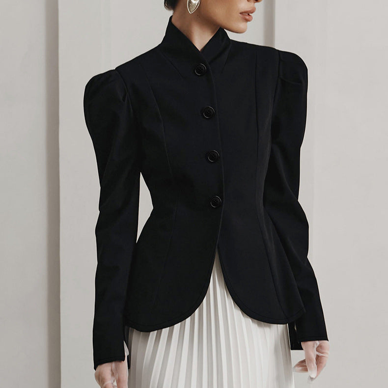 Elegant Retro Black Stand Collar Small Blazers